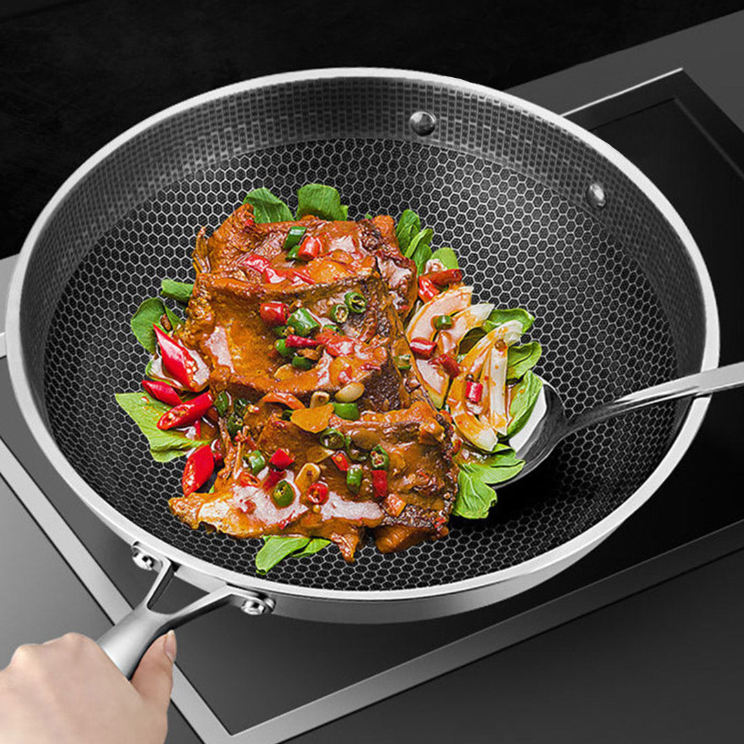SOGA 2X 34cm Stainless Steel Tri-Ply Frying Cooking Fry Pan Textured Non Stick Skillet with Glass Lid and Helper Handle - Cafe Supply