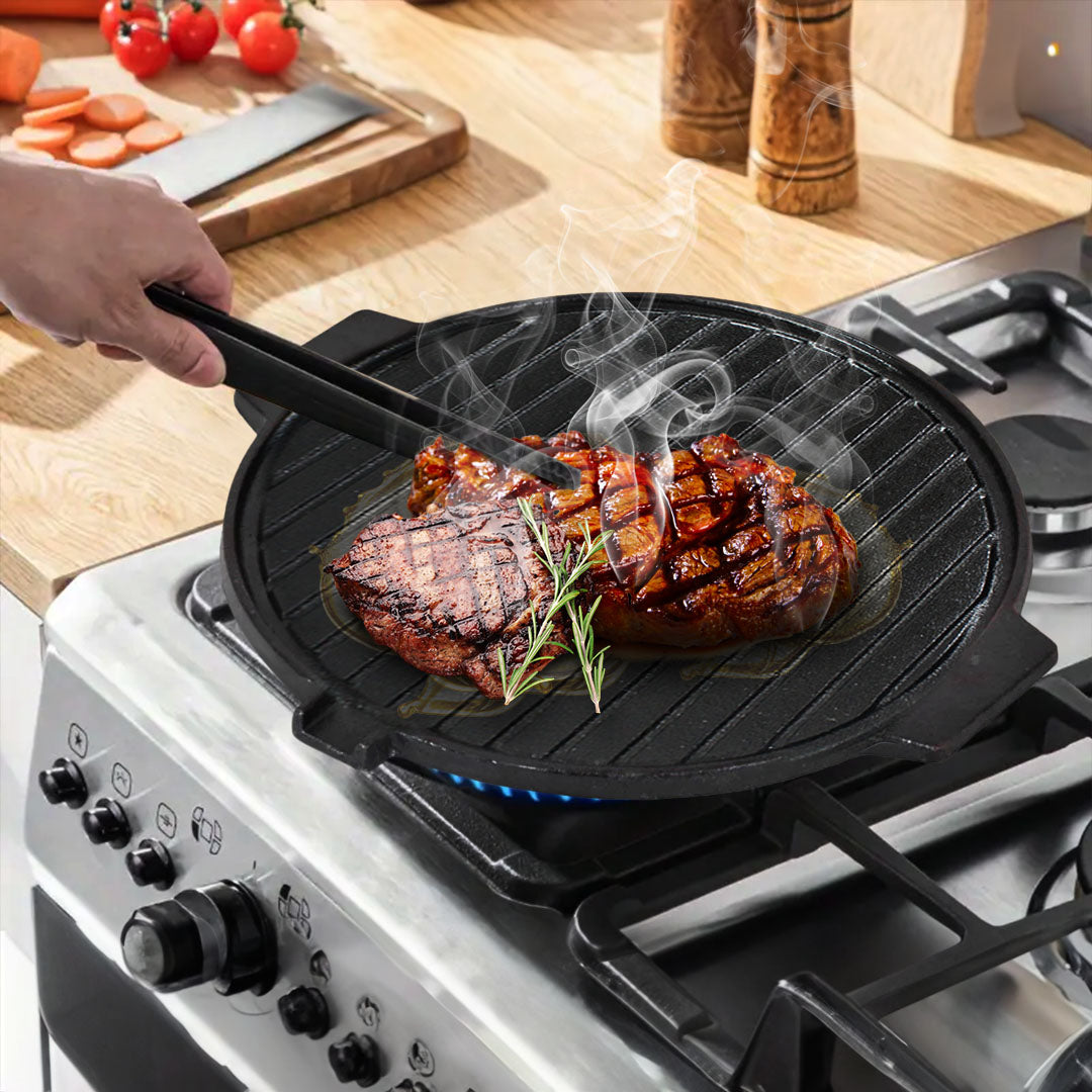 SOGA 30CM Round Cast Iron Korean BBQ Grill Plate with Handles and Drip Lip - Cafe Supply