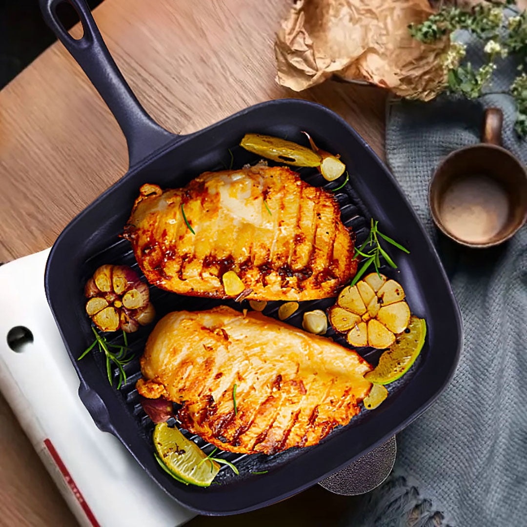 SOGA 2X 23.5cm Square Ribbed Cast Iron Frying Pan Skillet Steak Sizzle Platter with Handle - Cafe Supply