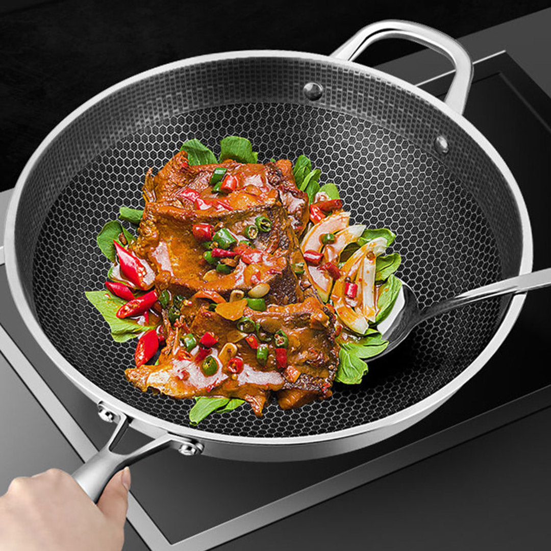 SOGA 32cm Stainless Steel Tri-Ply Frying Cooking Fry Pan Textured Non Stick Interior Skillet with Glass Lid - Cafe Supply