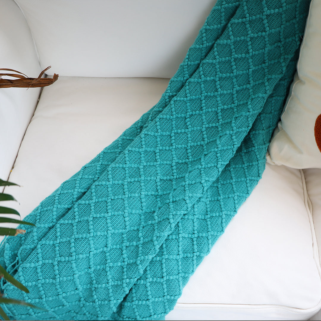 SOGA Teal Diamond Pattern Knitted Throw Blanket Warm Cozy Woven Cover Couch Bed Sofa Home Decor with Tassels - Cafe Supply
