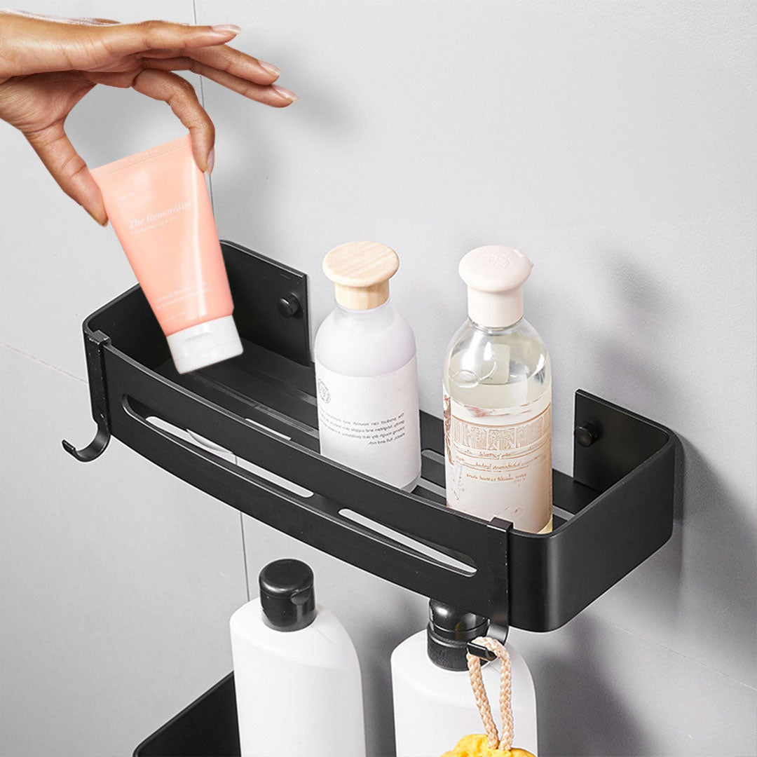 SOGA 2X Black Wall-Mounted Rectangular Bathroom Storage Organiser Space Saving Adhesive Shelf Rack with Hooks - Cafe Supply