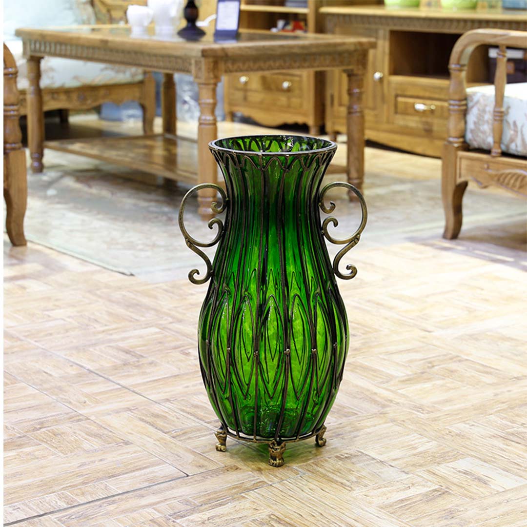 SOGA 51cm Green Glass Oval Floor Vase with Metal Flower Stand - Cafe Supply