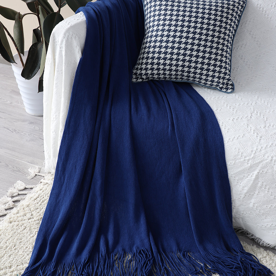 SOGA Royal Blue Acrylic Knitted Throw Blanket Solid Fringed Warm Cozy Woven Cover Couch Bed Sofa Home Decor - Cafe Supply