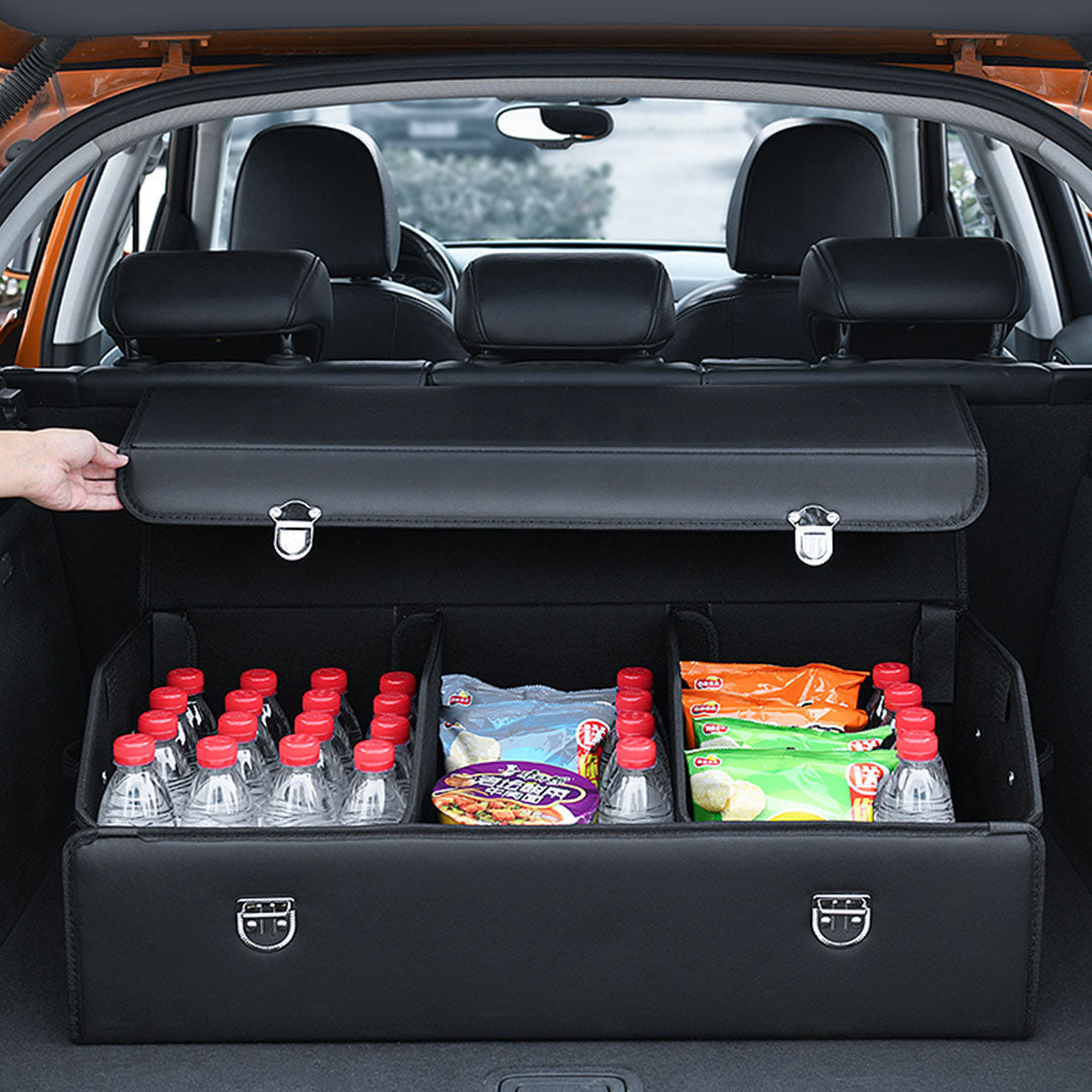 SOGA Leather Car Boot Collapsible Foldable Trunk Cargo Organizer Portable Storage Box With Lock Black Large - Cafe Supply