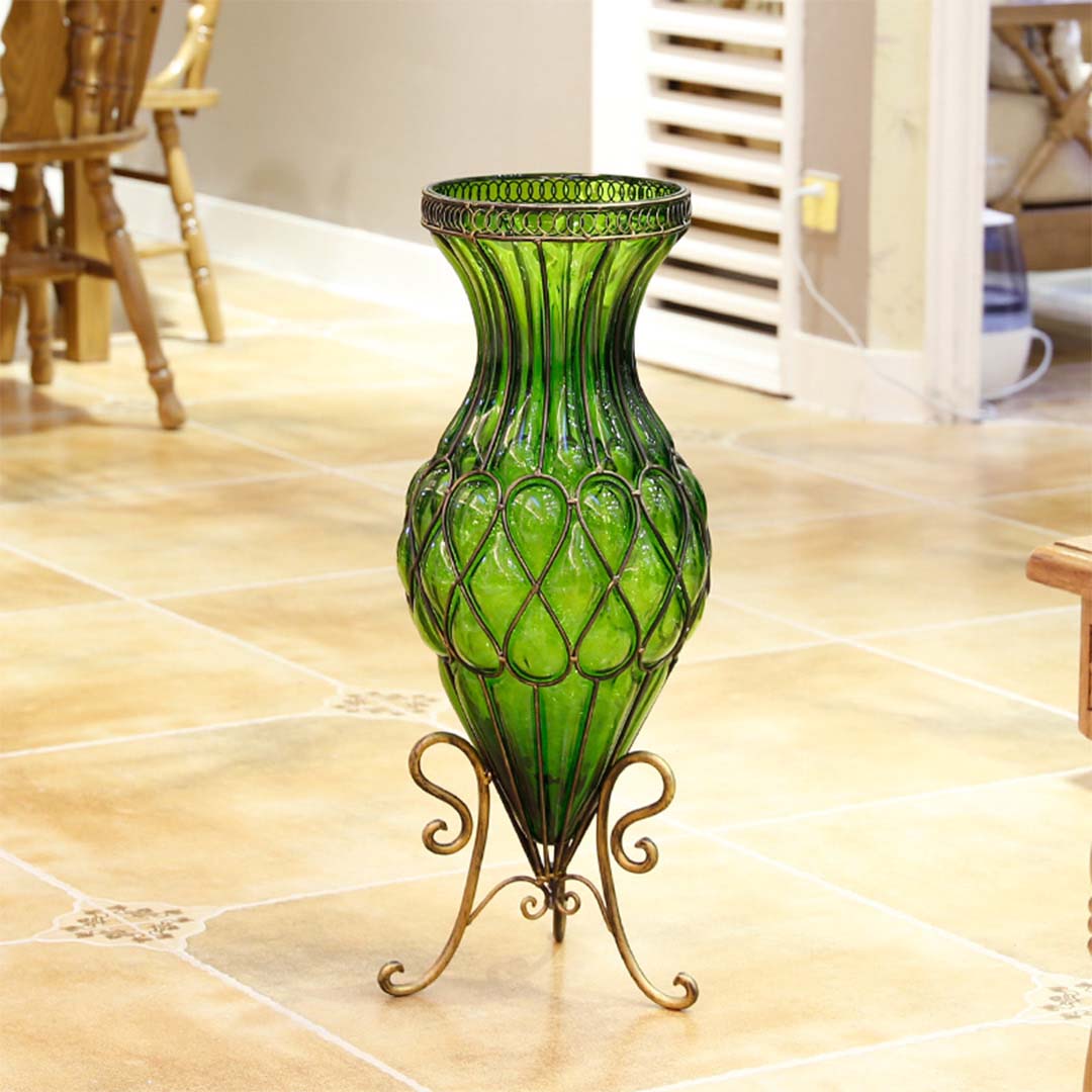 SOGA 67cm Green Glass Tall Floor Vase with Metal Flower Stand - Cafe Supply
