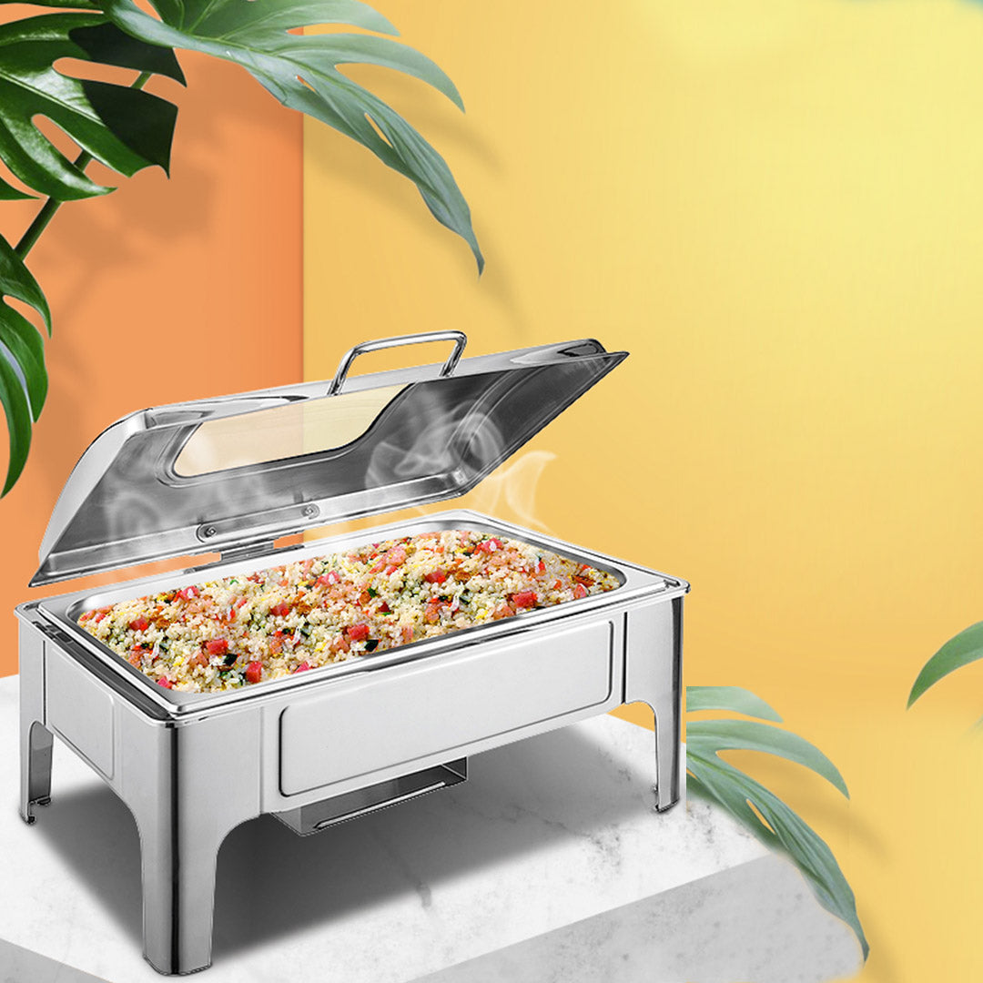 SOGA 4X 9L Rectangular Stainless Steel Soup Warmer Roll Top Chafer Chafing Dish Set with Glass Visual Window Lid - Cafe Supply