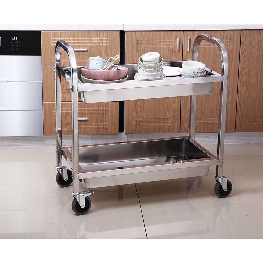 SOGA 2X 2 Tier 75x40x83cm Stainless Steel Kitchen Trolley Bowl Collect Service Food Cart Small - Cafe Supply