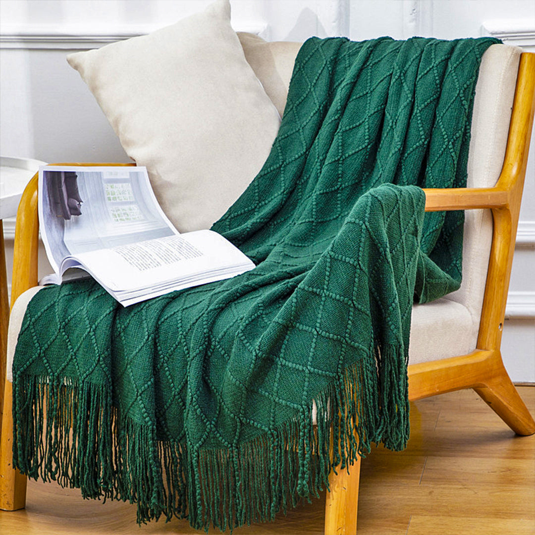 SOGA Green Diamond Pattern Knitted Throw Blanket Warm Cozy Woven Cover Couch Bed Sofa Home Decor with Tassels - Cafe Supply