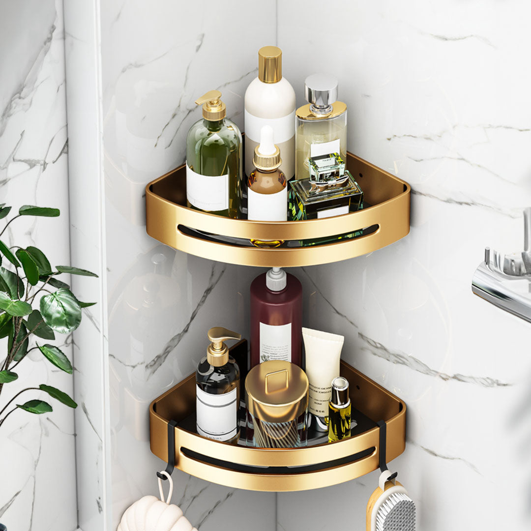 SOGA Gold Wall-Mounted Triangular Bathroom Storage Corner Vanity Organiser Space Saving Adhesive Shelf Rack with Hooks - Cafe Supply