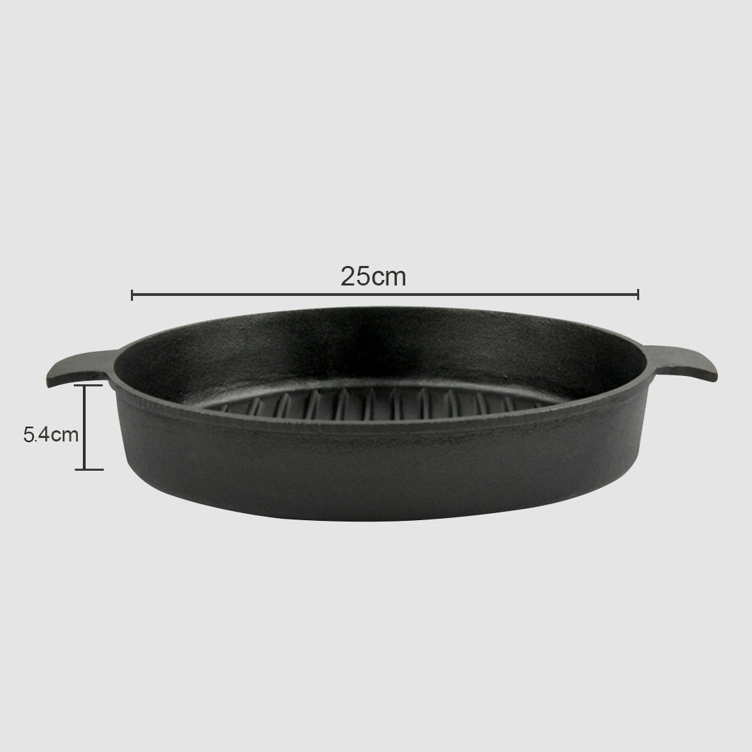 SOGA 25cm Round Ribbed Cast Iron Frying Pan Skillet Steak Sizzle Platter with Handle - Cafe Supply