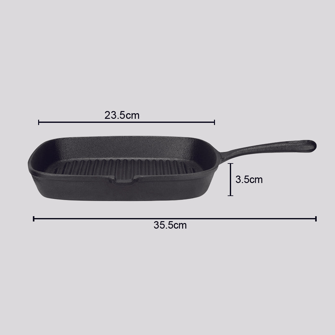 SOGA 2X 23.5cm Square Ribbed Cast Iron Frying Pan Skillet Steak Sizzle Platter with Handle - Cafe Supply