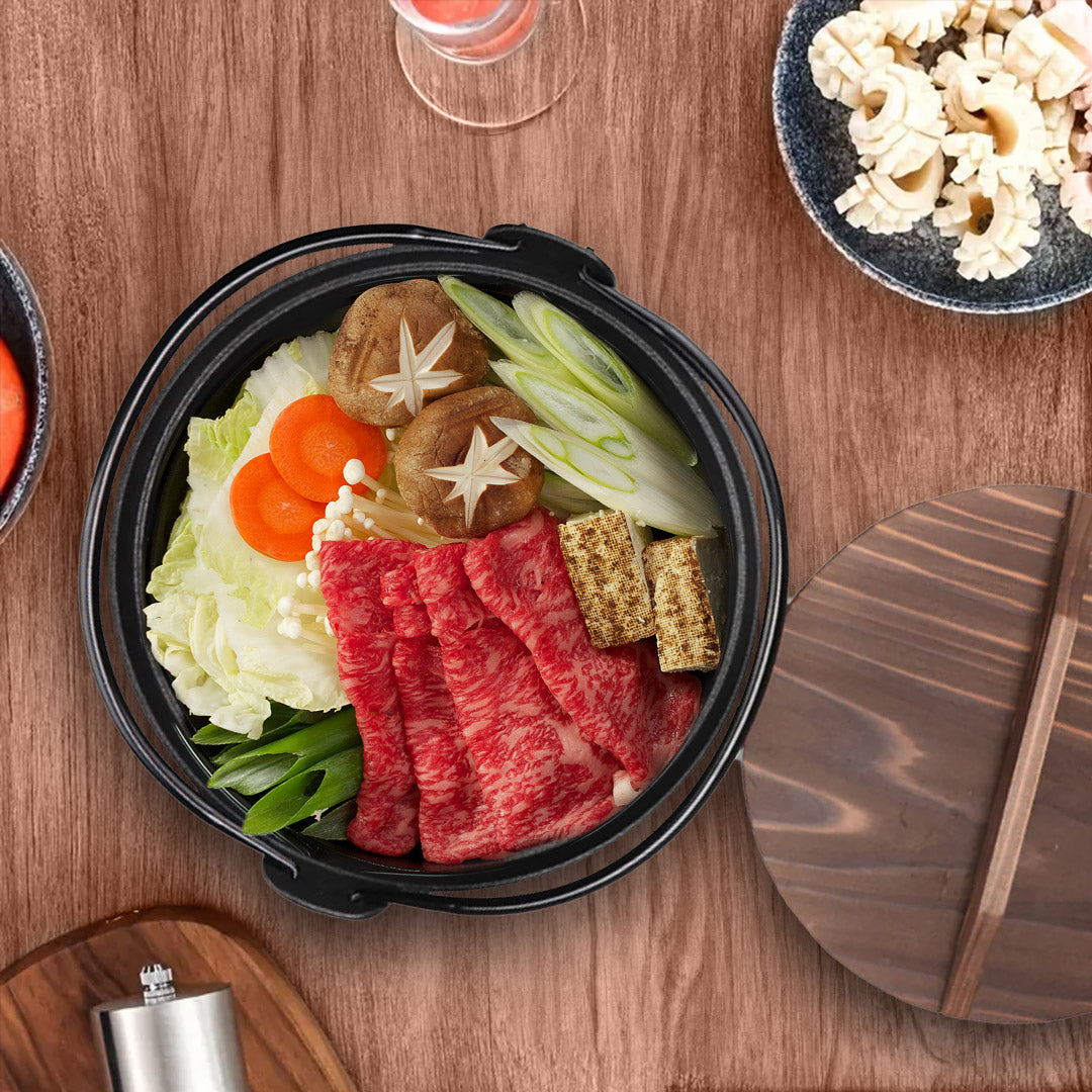 SOGA 2X 29cm Cast Iron Japanese Style Sukiyaki Tetsu Nabe Shabu Hot Pot with Wooden Lid - Cafe Supply