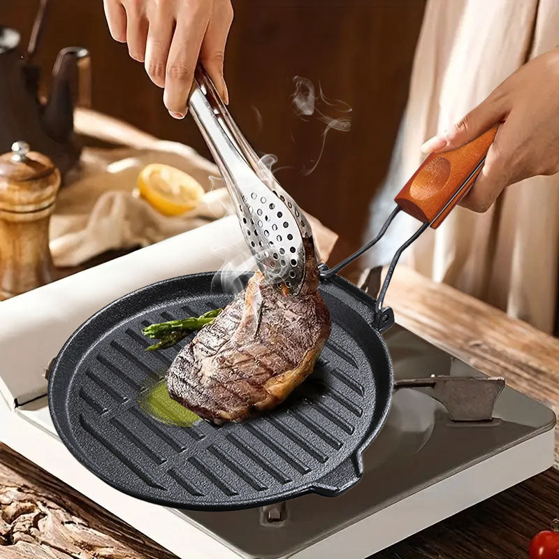 SOGA 2X 24cm Round Ribbed Cast Iron Steak Frying Grill Skillet Pan with Folding Wooden Handle - Cafe Supply