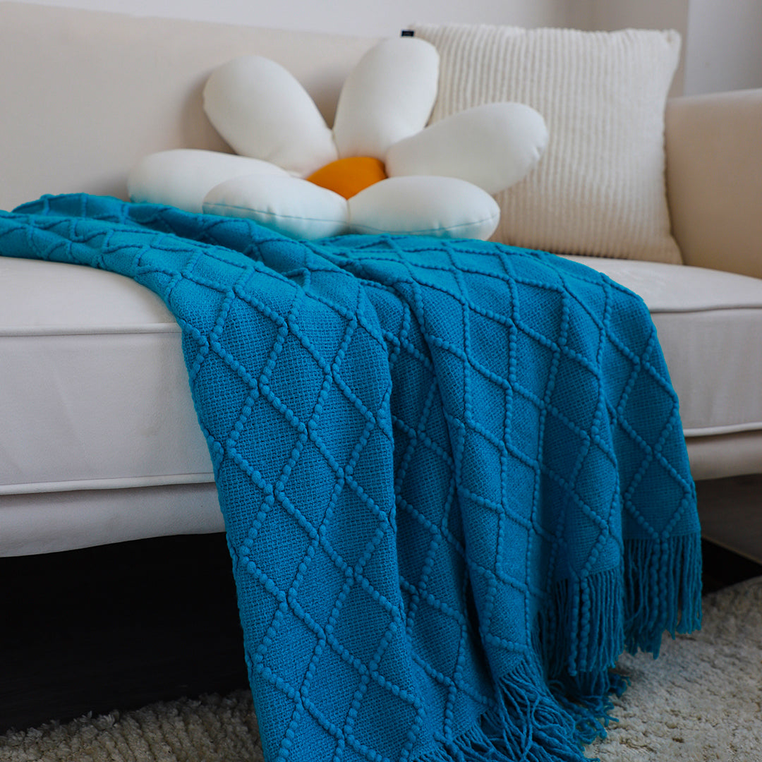 SOGA 2X Blue Diamond Pattern Knitted Throw Blanket Warm Cozy Woven Cover Couch Bed Sofa Home Decor with Tassels - Cafe Supply