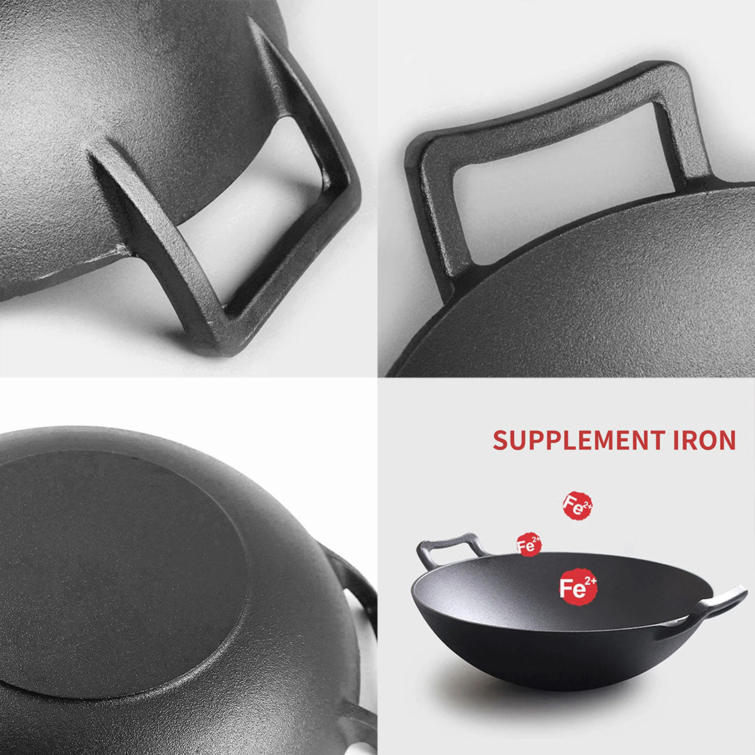 SOGA 32cm Commercial Cast Iron Wok FryPan Fry Pan with Double Handle - Cafe Supply