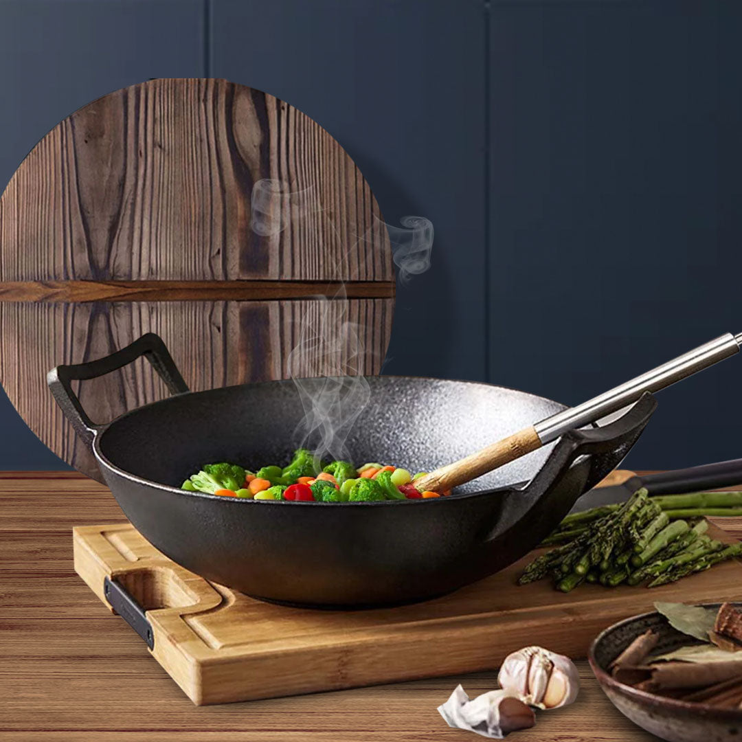 SOGA 36CM Commercial Cast Iron Wok FryPan with Wooden Lid Fry Pan - Cafe Supply