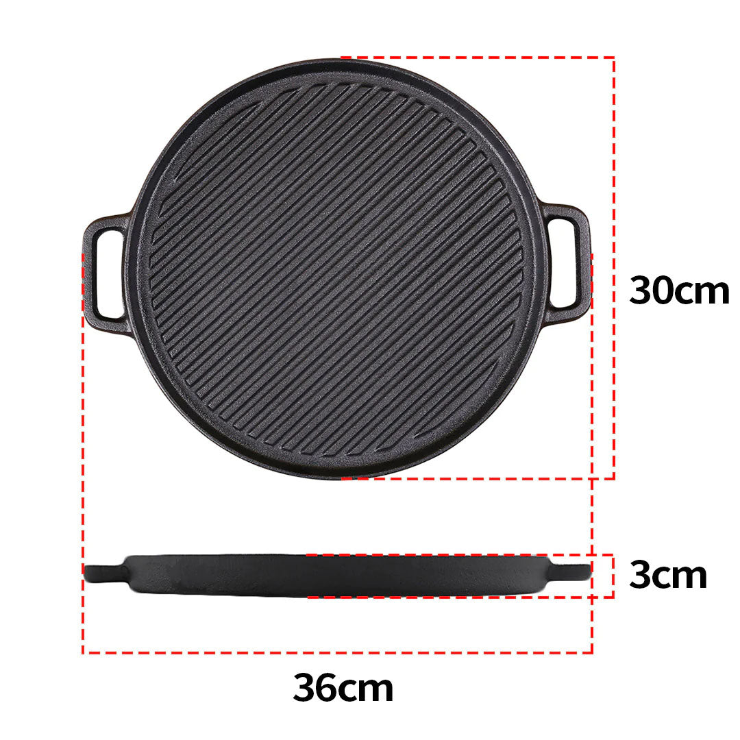 SOGA 2X 30cm Round Cast Iron Ribbed BBQ Pan Skillet Steak Sizzle Platter with Handle - Cafe Supply