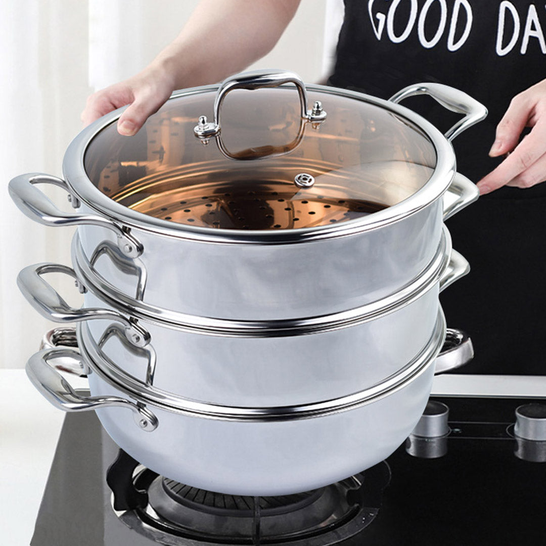SOGA 2X 3 Tier 26cm Heavy Duty Stainless Steel Food Steamer Vegetable Pot Stackable Pan Insert with Glass Lid - Cafe Supply