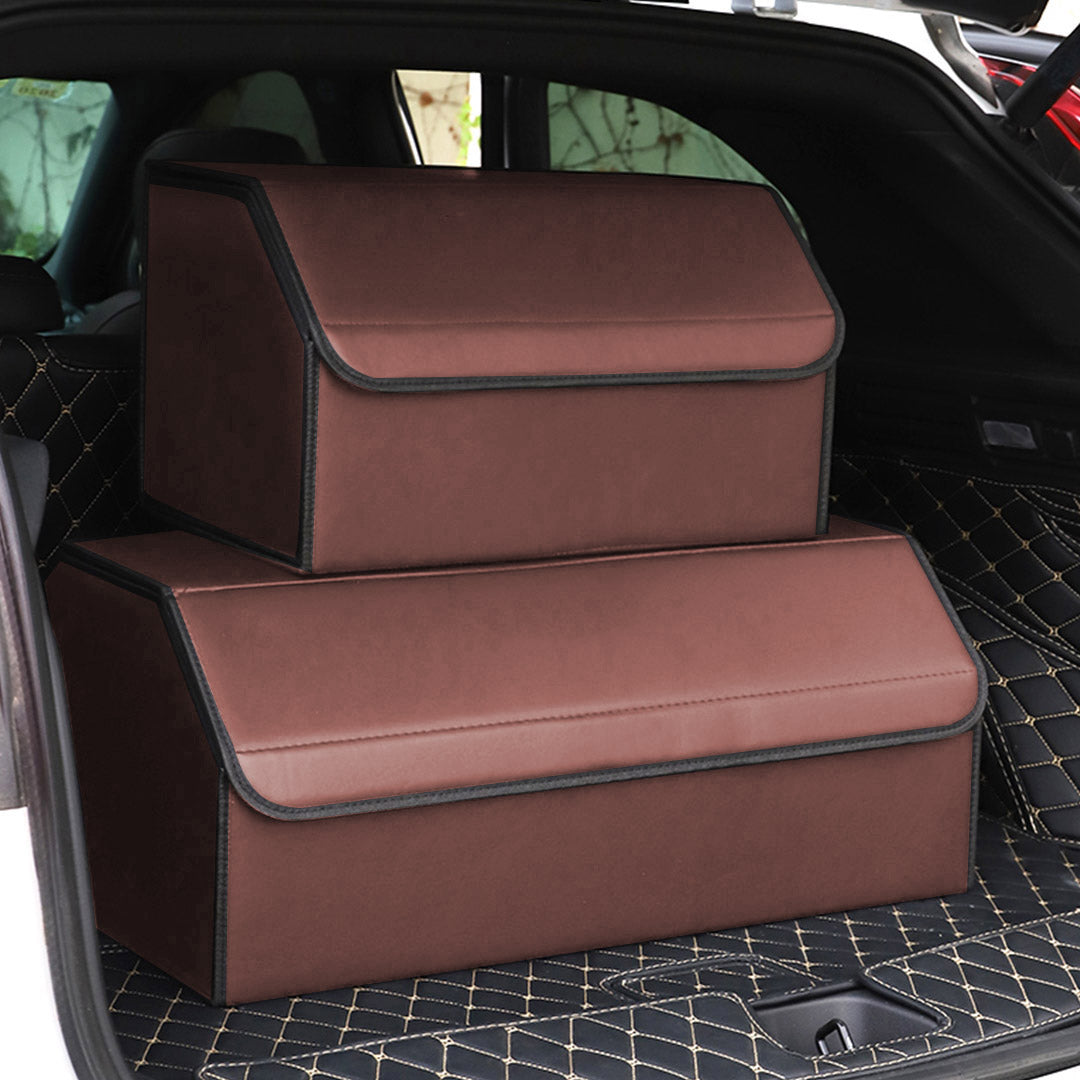 SOGA 2X Leather Car Boot Collapsible Foldable Trunk Cargo Organizer Portable Storage Box Coffee Large - Cafe Supply