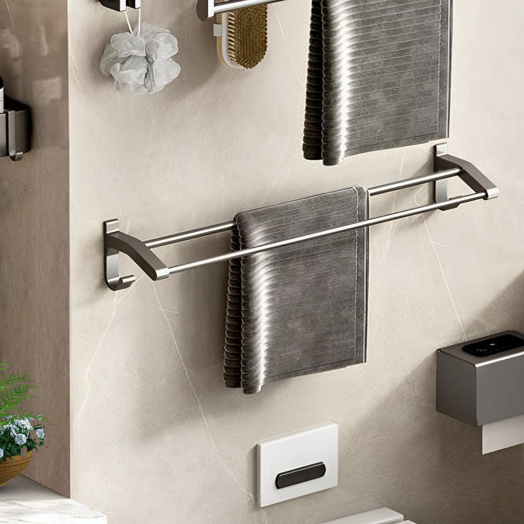 SOGA 62cm Gray Wall-Mounted Double Pole Towel Holder Bathroom Organiser Rail Hanger with Hooks - Cafe Supply