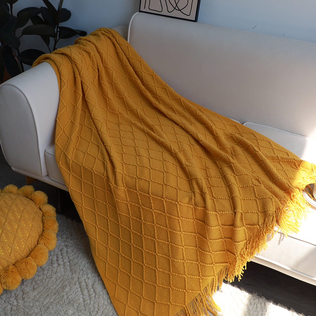 SOGA 2X Yellow Diamond Pattern Knitted Throw Blanket Warm Cozy Woven Cover Couch Bed Sofa Home Decor with Tassels - Cafe Supply