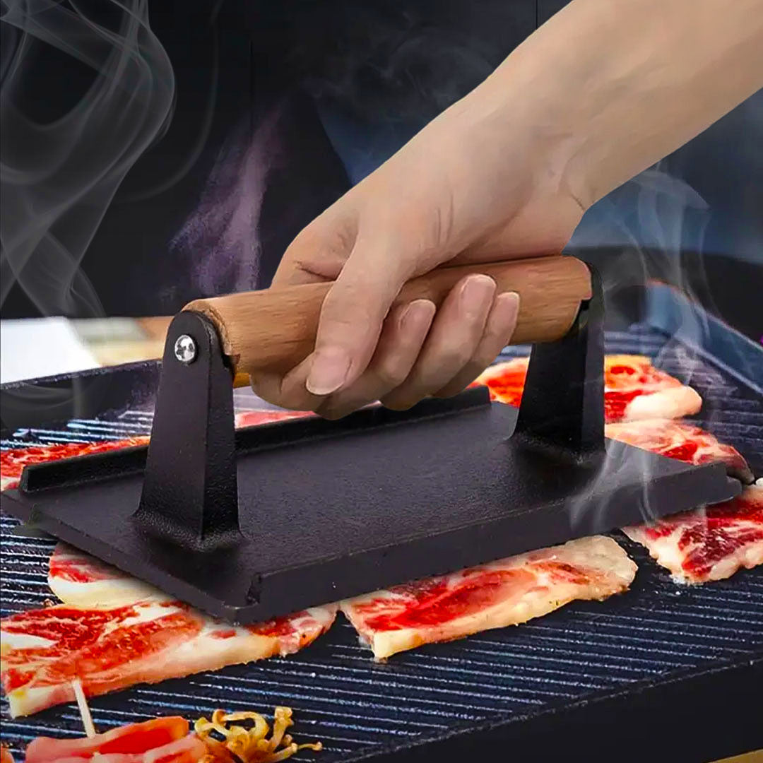 SOGA 2X Cast Iron Bacon Meat Steak Press Grill BBQ with Wood Handle Weight Plate - Cafe Supply