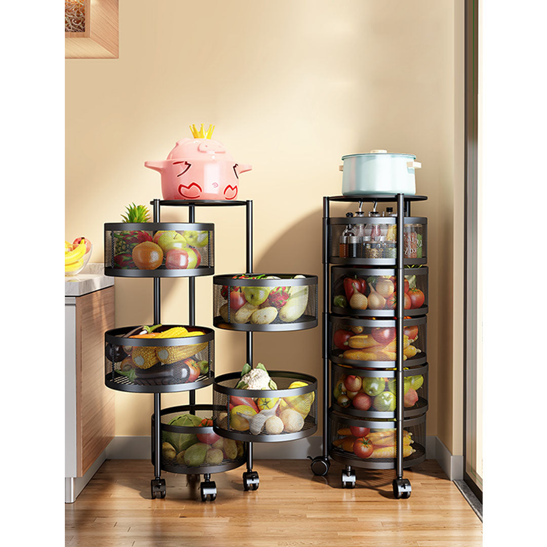 SOGA 5 Tier Steel Round Rotating Kitchen Cart Multi-Functional Shelves Portable Storage Organizer with Wheels - Cafe Supply