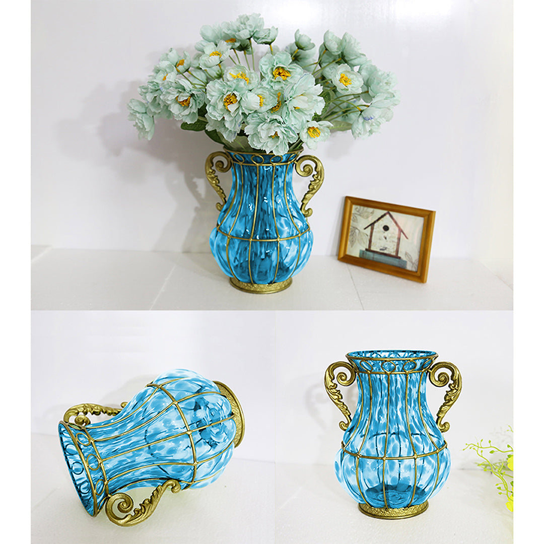 SOGA Blue Colored European Glass Home Decor Flower Vase with Two Metal Handle - Cafe Supply