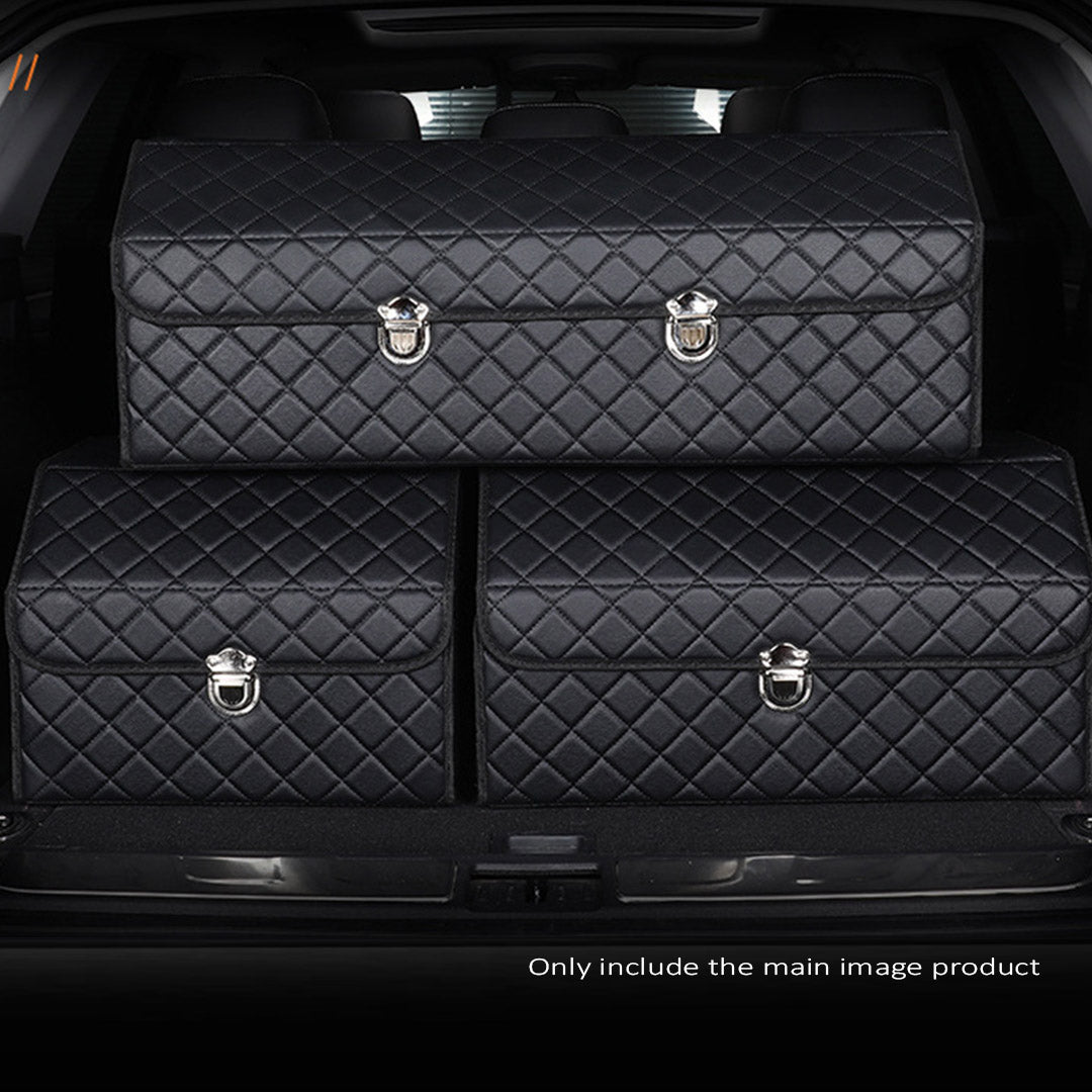 SOGA Leather Car Boot Collapsible Foldable Trunk Cargo Organizer Portable Storage Box Black/White Stitch with Lock Large - Cafe Supply