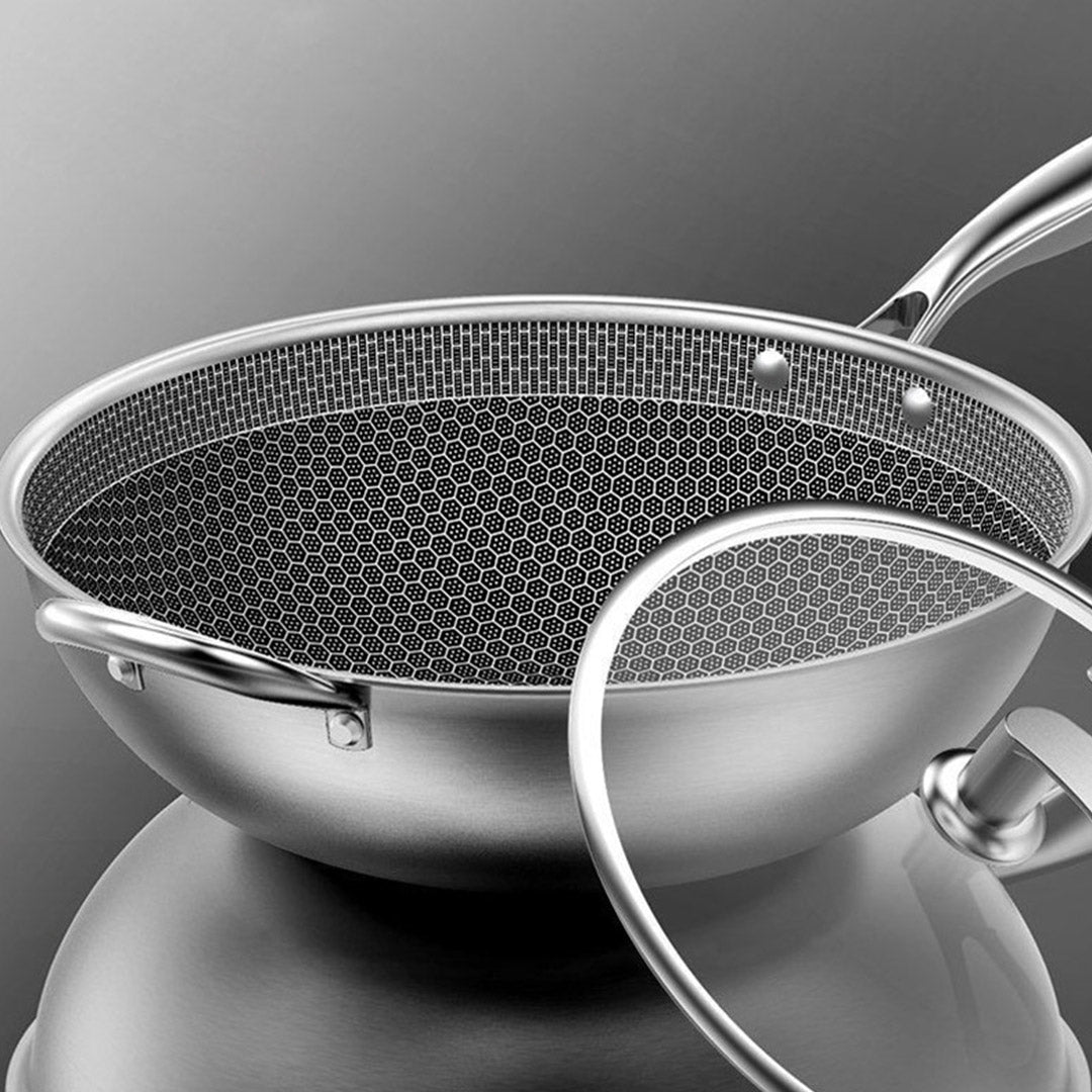 SOGA 2X 34cm Stainless Steel Tri-Ply Frying Cooking Fry Pan Textured Non Stick Skillet with Glass Lid and Helper Handle - Cafe Supply