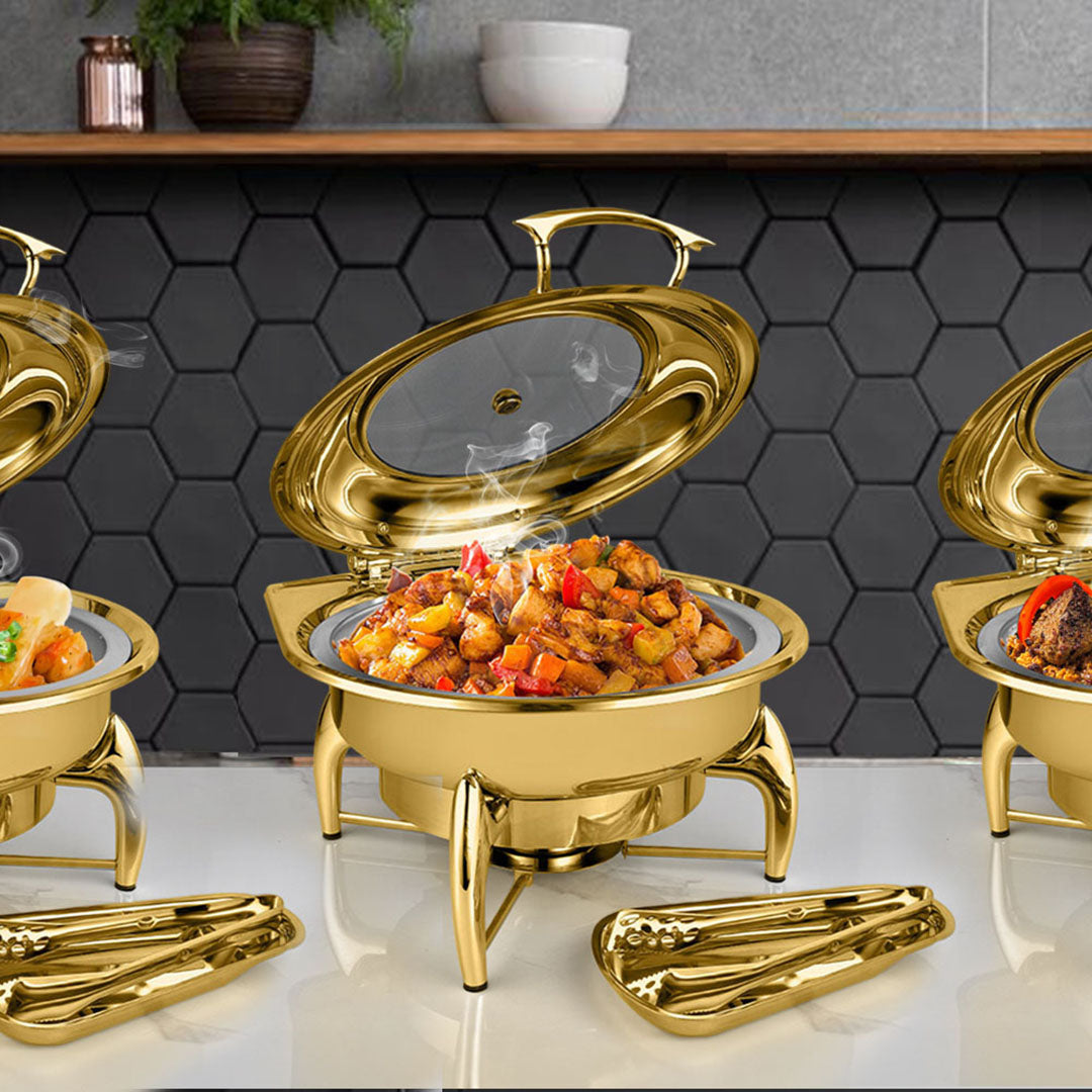 SOGA Gold Plated Stainless Steel Round Chafing Dish Tray Buffet Cater Food Warmer Chafer with Top Lid - Cafe Supply