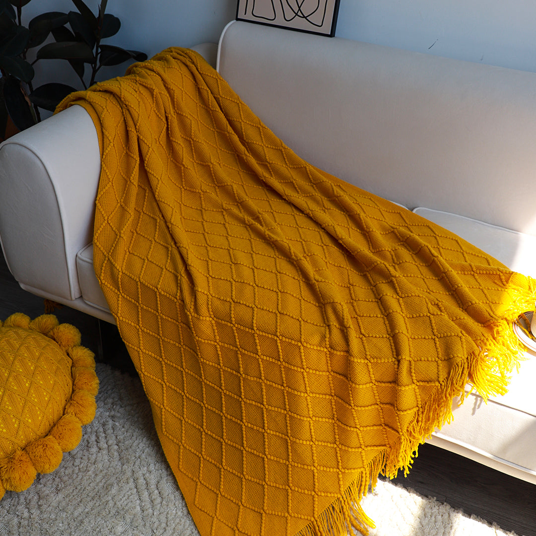 SOGA Yellow Diamond Pattern Knitted Throw Blanket Warm Cozy Woven Cover Couch Bed Sofa Home Decor with Tassels - Cafe Supply