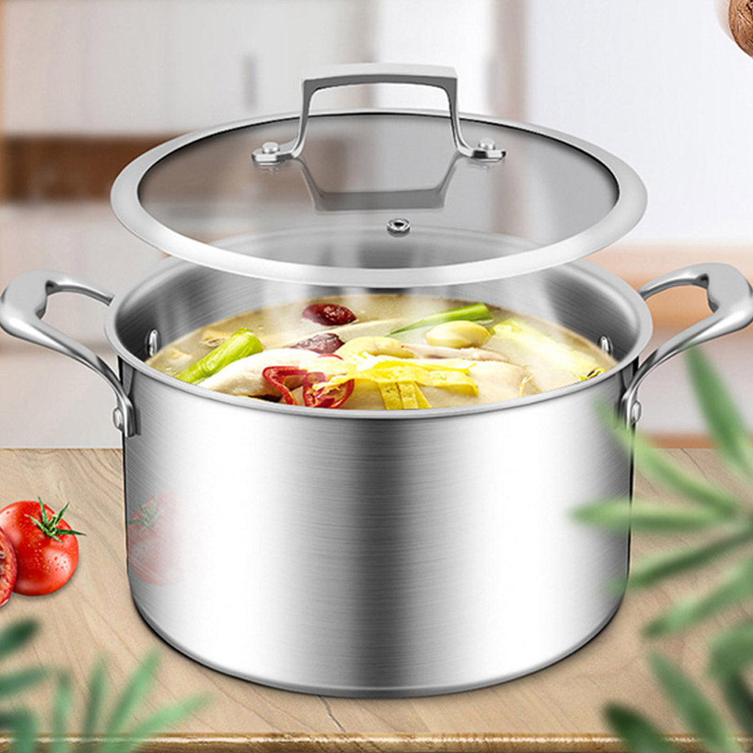 SOGA 2X 26cm Stainless Steel Soup Pot Stock Cooking Stockpot Heavy Duty Thick Bottom with Glass Lid - Cafe Supply