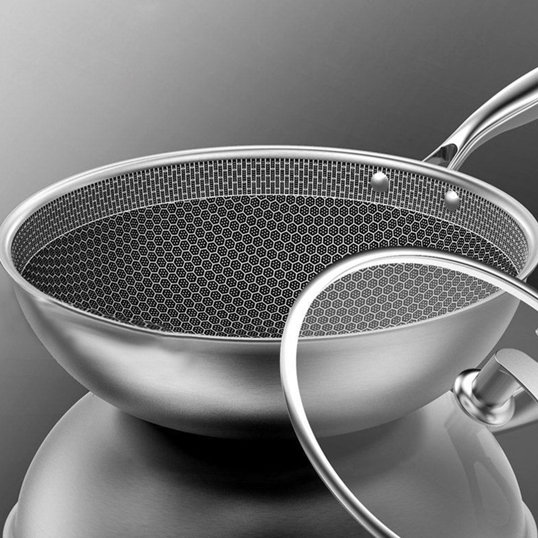 SOGA 2X 32cm Stainless Steel Tri-Ply Frying Cooking Fry Pan Textured Non Stick Interior Skillet with Glass Lid - Cafe Supply