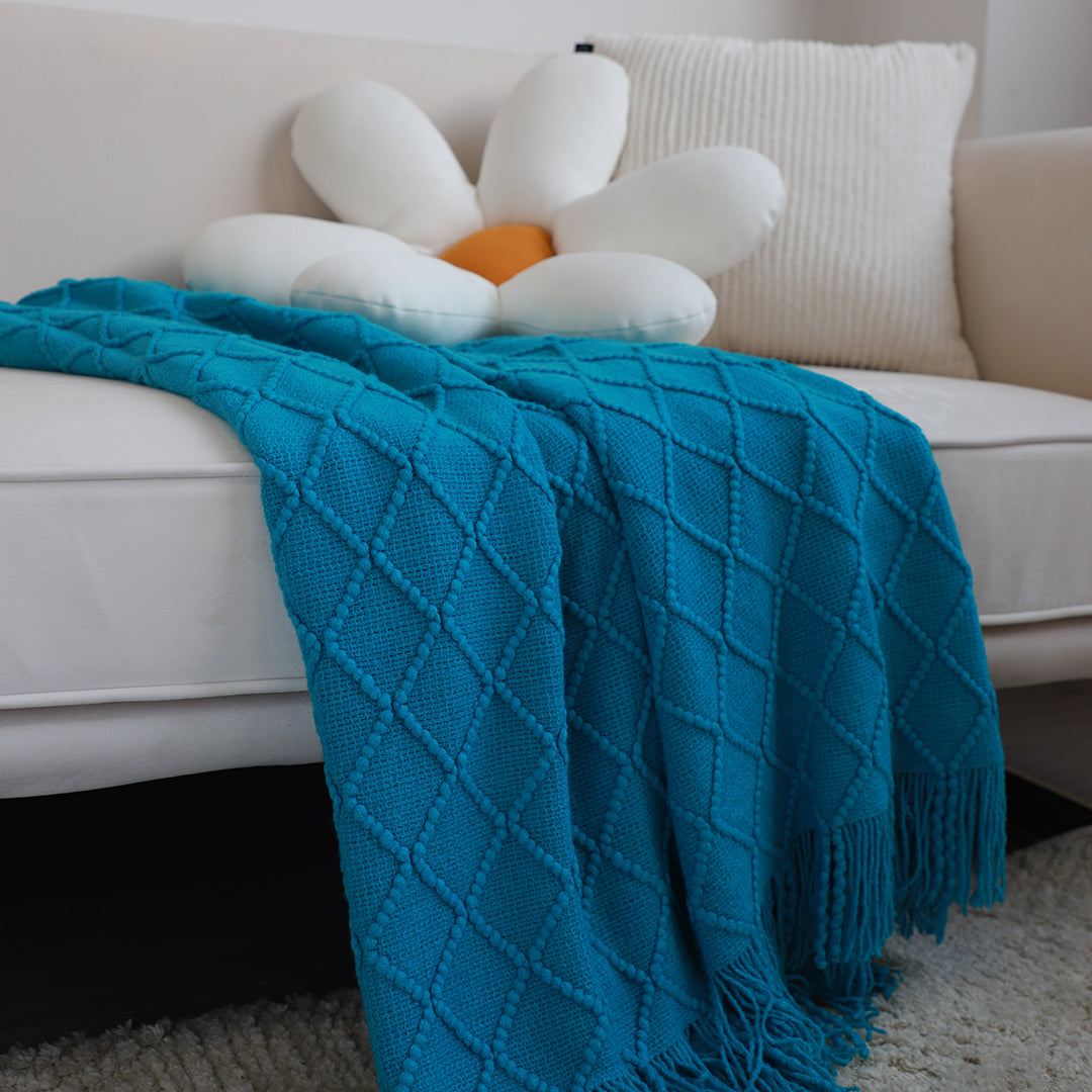 SOGA Blue Diamond Pattern Knitted Throw Blanket Warm Cozy Woven Cover Couch Bed Sofa Home Decor with Tassels - Cafe Supply