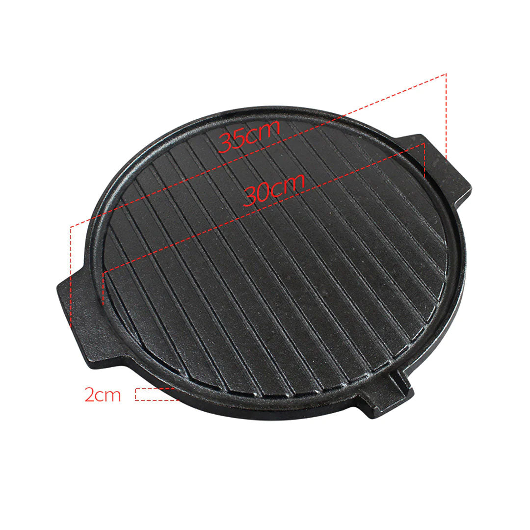 SOGA 2X 30CM Round Cast Iron Korean BBQ Grill Plate with Handles and Drip Lip - Cafe Supply