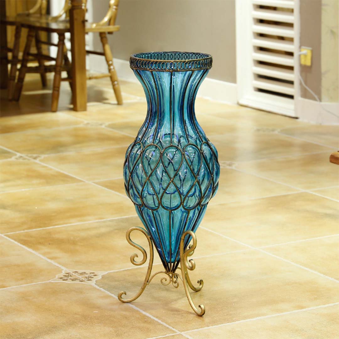 SOGA 67cm Blue Glass Tall Floor Vase with Metal Flower Stand - Cafe Supply
