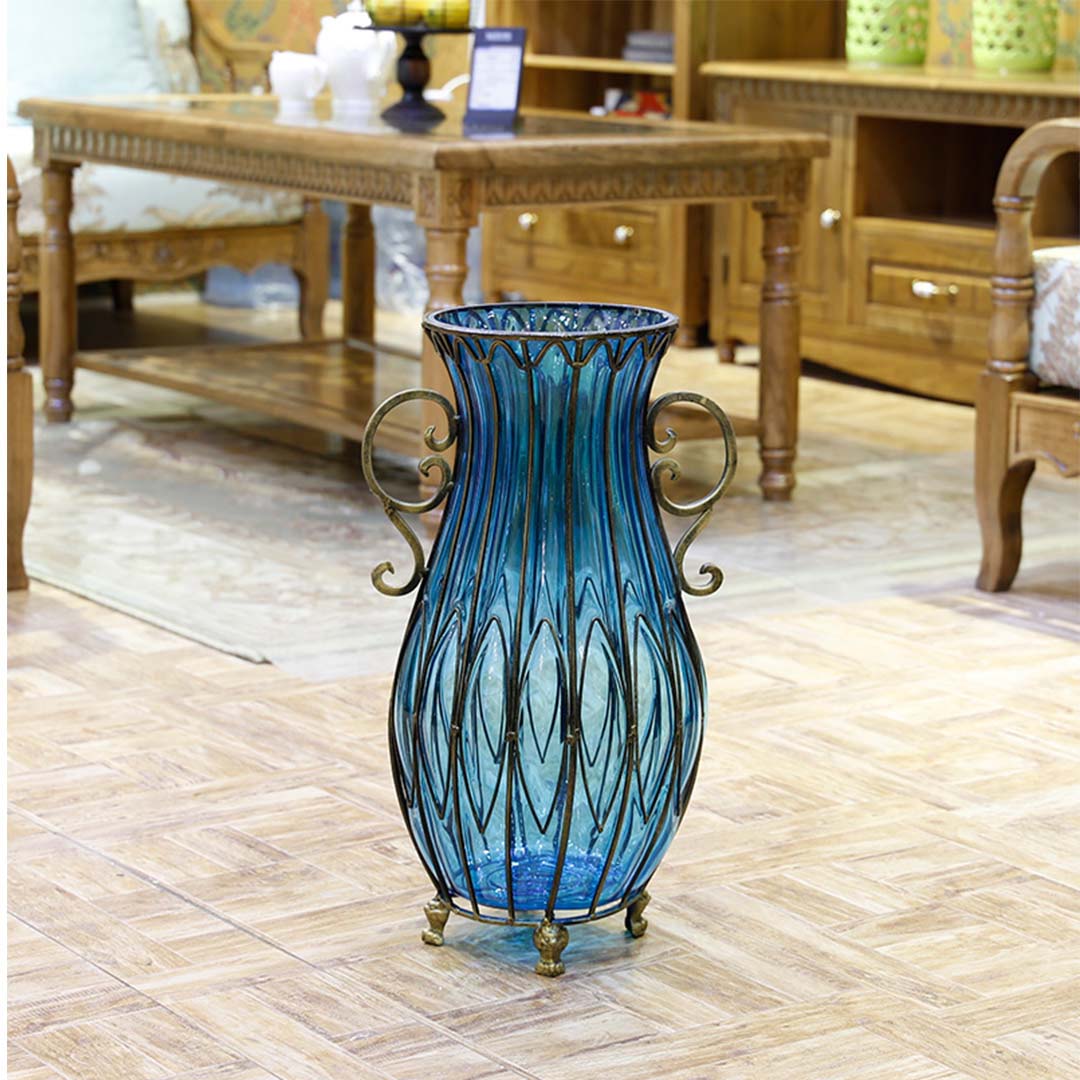 SOGA 51cm Blue Glass Oval Floor Vase with Metal Flower Stand - Cafe Supply