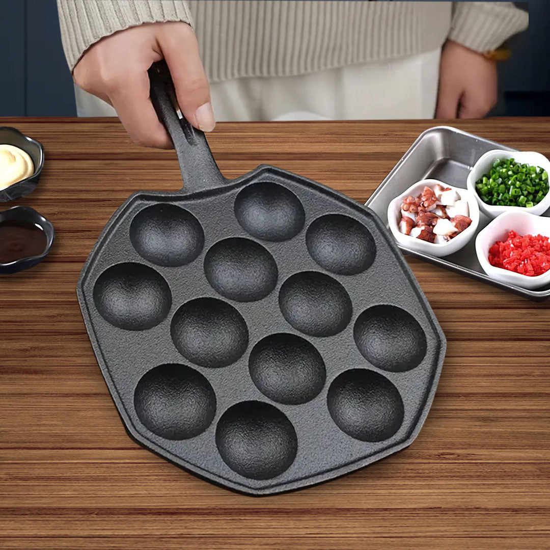 SOGA 2X 18CM Cast Iron Takoyaki Fry Pan Octopus Balls Maker 12 Hole Cavities Grill Mold - Cafe Supply