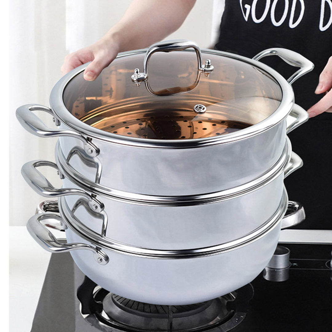 SOGA 3 Tier 30cm Heavy Duty Stainless Steel Food Steamer Vegetable Pot Stackable Pan Insert with Glass Lid - Cafe Supply