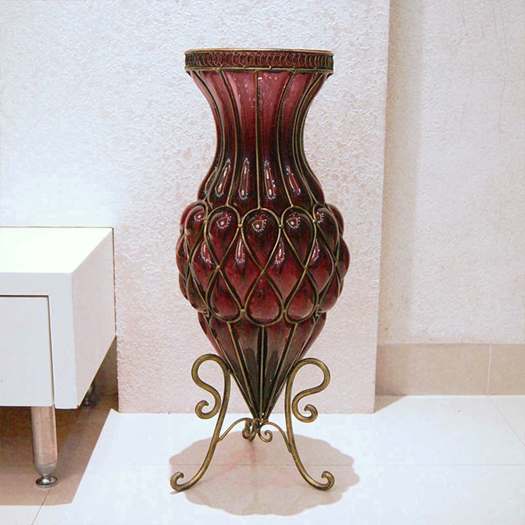 SOGA 67cm Purple Glass Tall Floor Vase with Metal Flower Stand - Cafe Supply