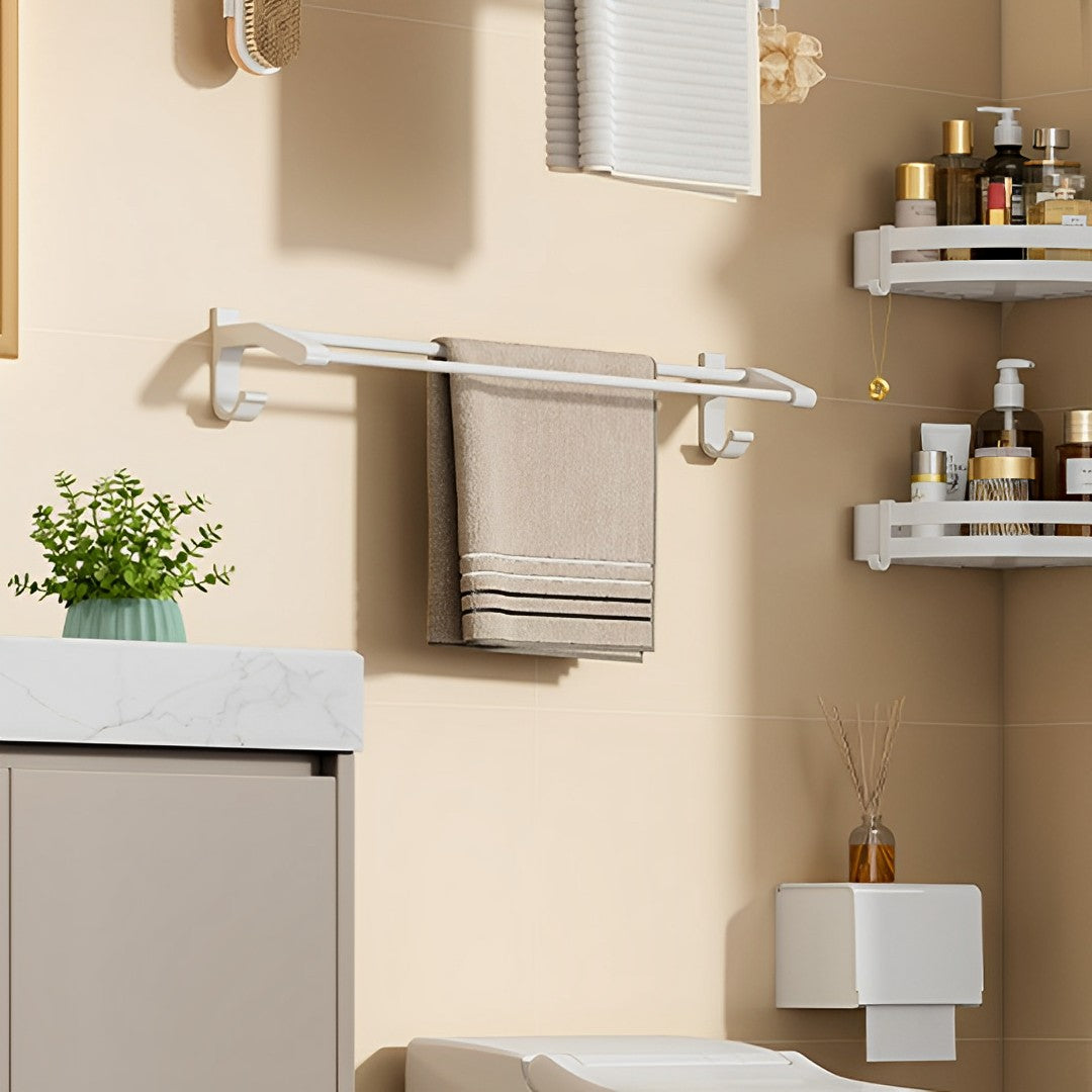 SOGA 2X 62cm White Wall-Mounted Double Pole Towel Holder Bathroom Organiser Rail Hanger with Hooks - Cafe Supply