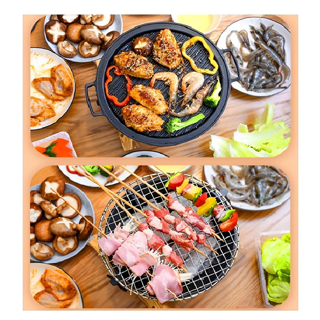 SOGA 2X Small Cast Iron Round Stove Charcoal Table Net Grill Japanese Style BBQ Picnic Camping with Wooden Board - Cafe Supply