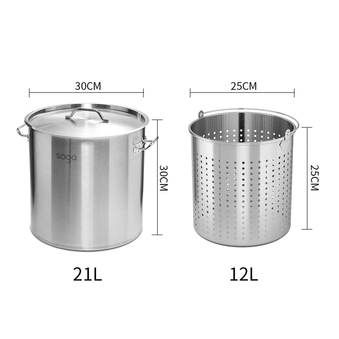 SOGA 21L 18/10 Stainless Steel Stockpot with Perforated Stock Pot Basket Pasta Strainer - Cafe Supply