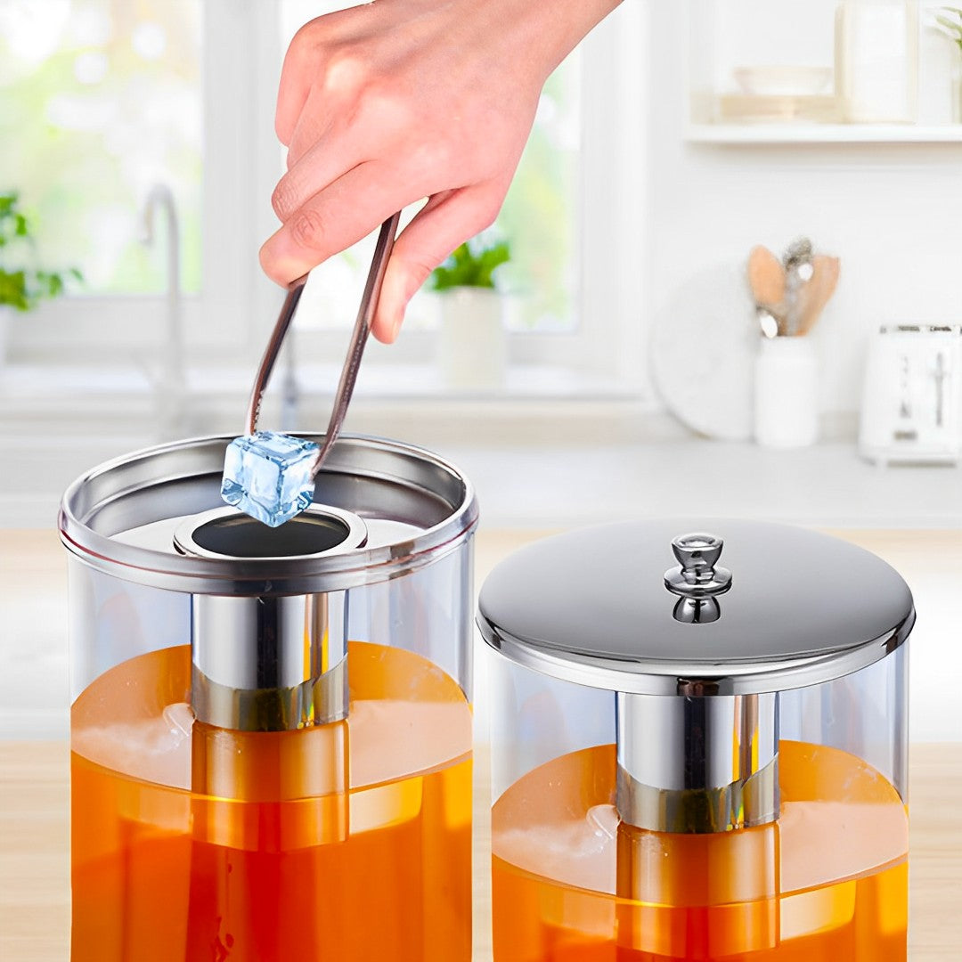 SOGA 6L Dual Silver Stainless Steel Beverage Dispenser Ice Cylinder Clear Juicer Hot Cold Water Jug - Cafe Supply