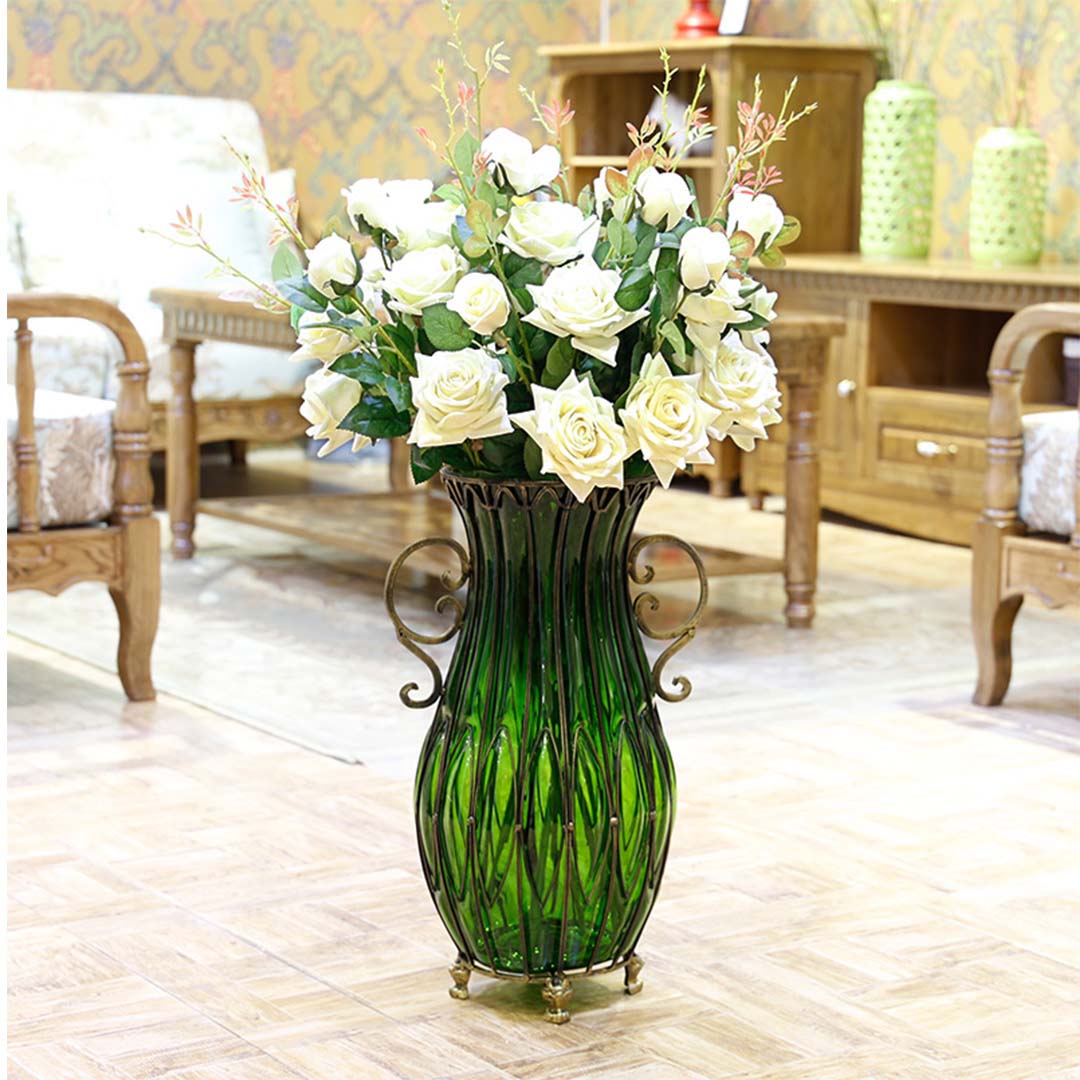 SOGA 51cm Green Glass Oval Floor Vase with Metal Flower Stand - Cafe Supply
