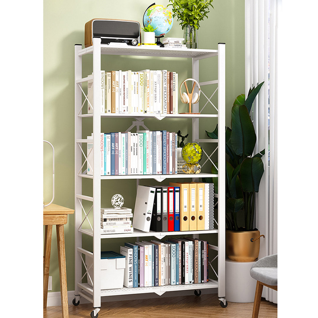 SOGA 2X 5 Tier Steel White Foldable Display Stand Multi-Functional Shelves Portable Storage Organizer with Wheels - Cafe Supply