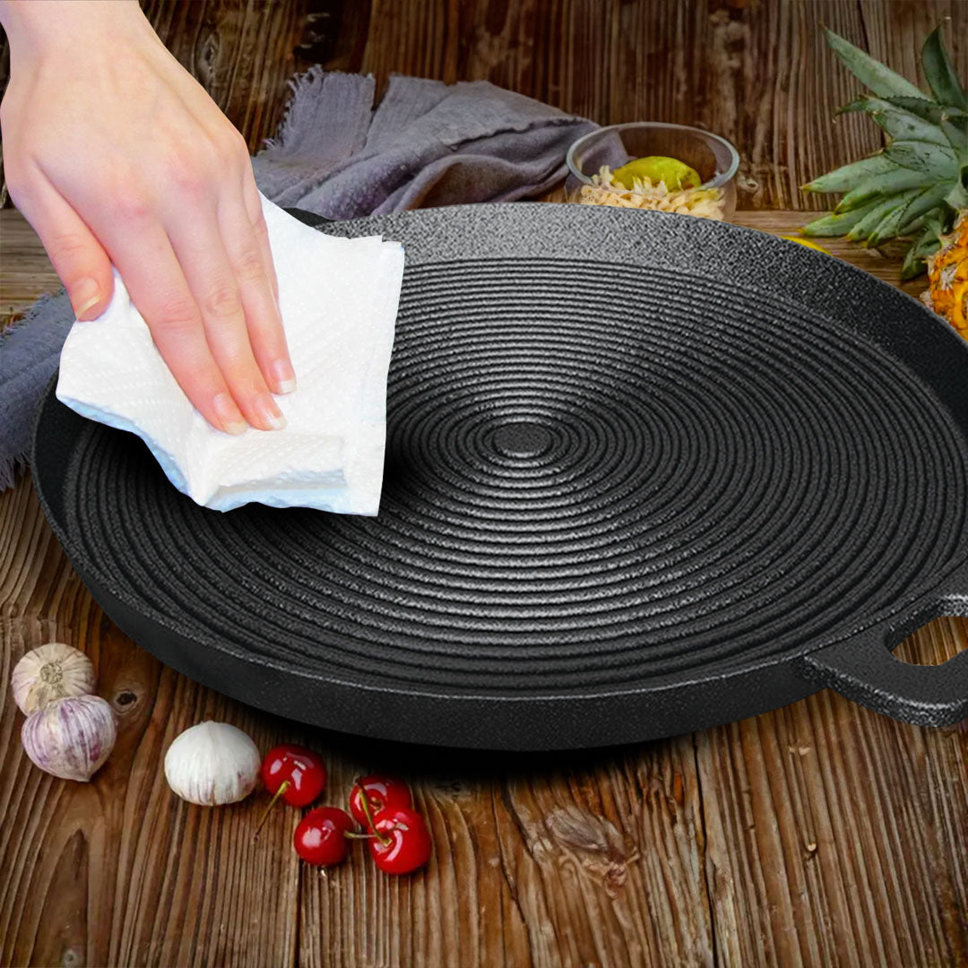 SOGA 2X 35cm Round Ribbed Cast Iron Frying Pan Skillet Steak Sizzle Platter with Handle - Cafe Supply