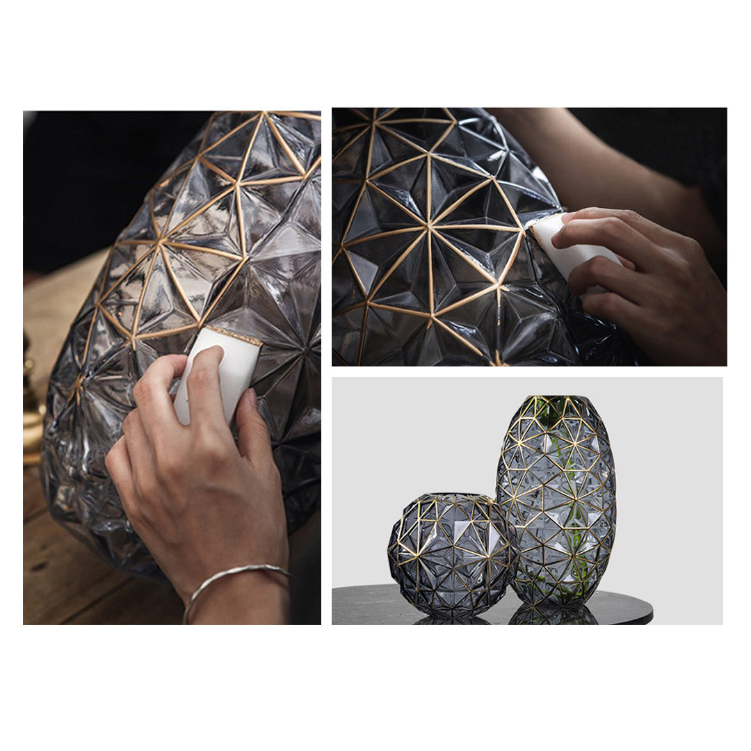 SOGA 2X Grey Colored Diamond Cut Glass Flower Vase Round Jar Home Decor with Gold Accent Large and Medium Set - Cafe Supply